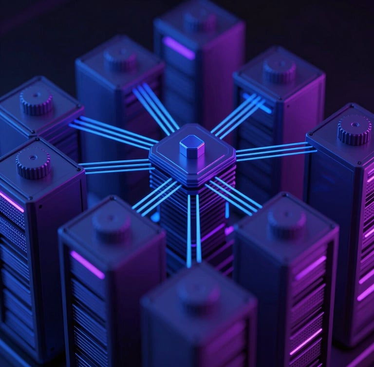 Abstract 3D geometric structure representing complex server architecture and secure data flows, dark neon blue and violet lighting, high-contrast, macro focus, 35mm