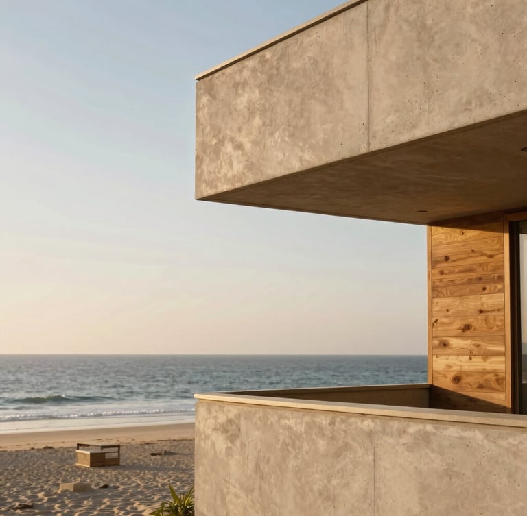 Minimalist architectural detail of the Tide-Line beachfront balcony, warm editorial photography, golden-hour coastal light, soft sand tones, 35mm, concrete and teak textures, unobstructed ocean horizon in the background.