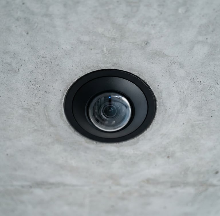 Macro shot of a pristine, flush-mounted black dome camera on a clean concrete architectural soffit, cool daylight, sharp focus, 35mm