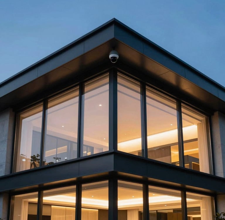Low-angle architectural shot of a modern glass and steel villa at twilight, a tiny black dome camera seamlessly integrated into the dark steel roofline, warm interior lights glowing, sharp focus, 35mm.