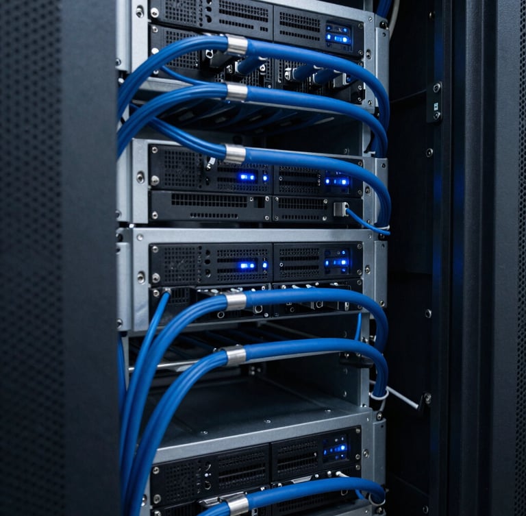 Close-up of immaculate cable management inside an organized server rack, technical blue status lights, crisp architectural photography, cool daylight, 35mm