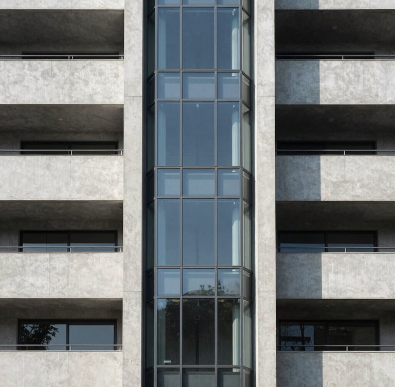 Minimalist architectural shot of a modern glass elevator shaft integrated into a concrete residential building, clean vertical lines, cool natural daylight, sharp focus.