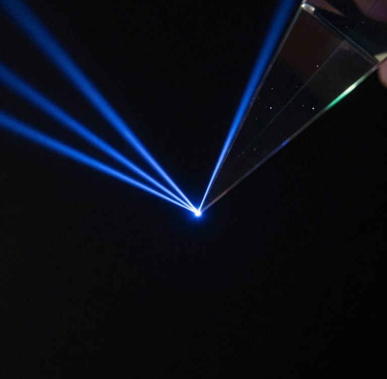 Macro photography of an optical glass prism refracting a single laser-blue light beam into clean geometric rays, high-contrast dark background, 35mm