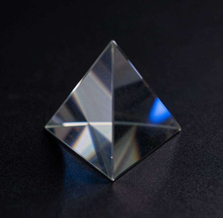 Crisp technical photography of abstract light-refraction patterns through a glass prism on a dark surface, cool low-key ambient light, sharp blue accents, macro lens, 35mm