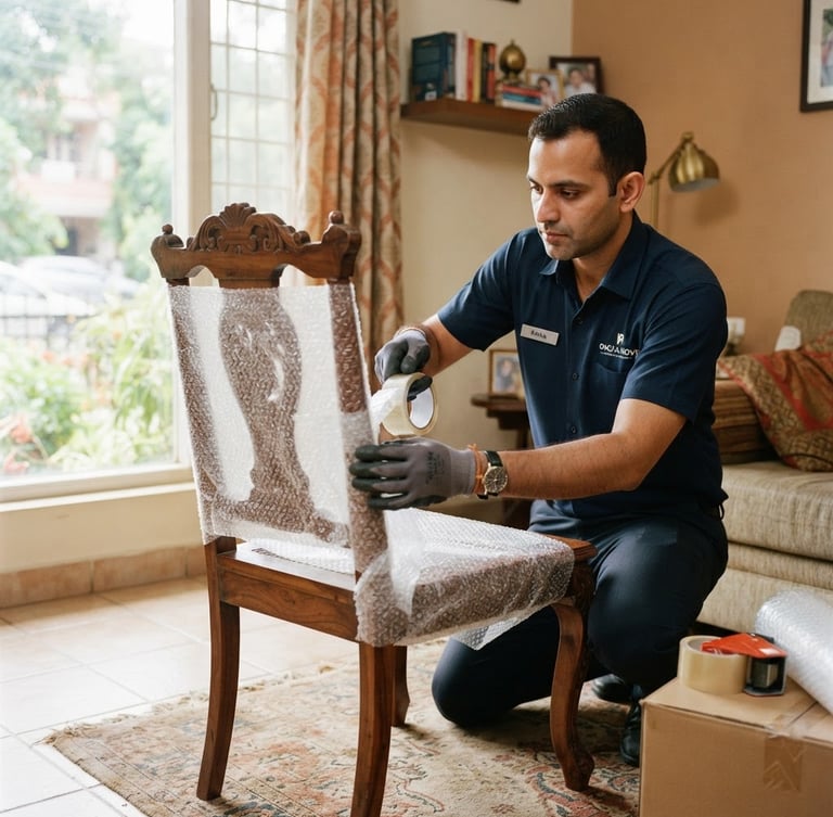 Medium shot of a professional Indian packing crew member in a clean dark blue uniform carefully wrapping a delicate wooden chair with protective wrap, bright natural daylight, authentic Indian home setting.