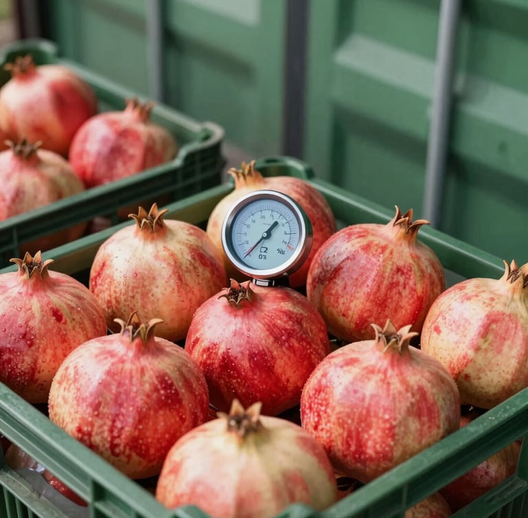 Close-up of digital temperature gauge inside a shipping container filled with crates of fresh pomegranates, crisp lighting