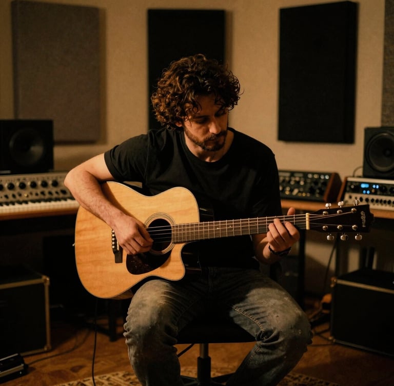 Authentic Turkish musician sitting in a home studio with a guitar, warm tungsten lighting, deep shadows, professional audio gear in the background, moody atmosphere