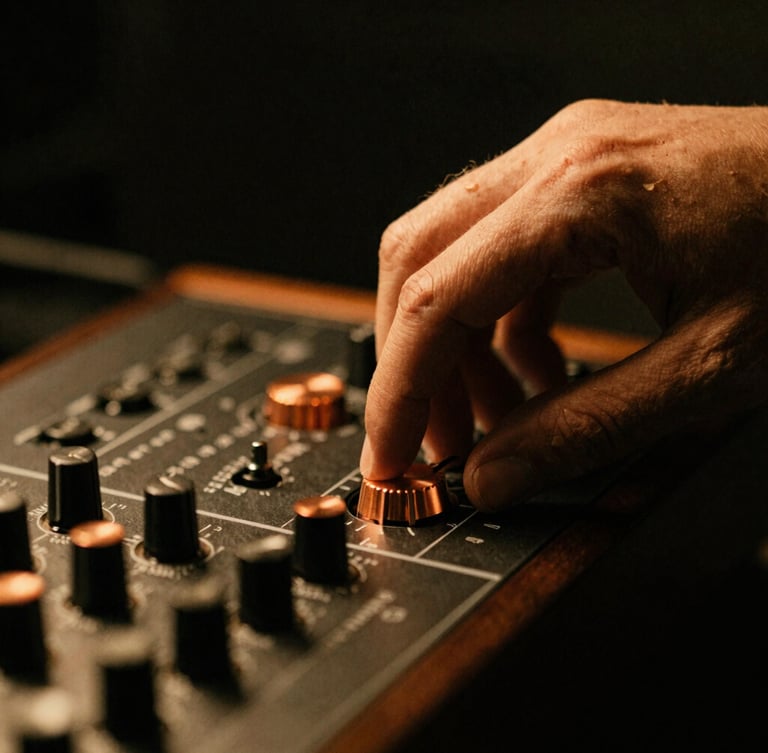 Close-up macro shot of a musician's hand adjusting a copper dial on an analog synthesizer, warm tungsten lighting, moody shadows, 35mm film grain, portrait aspect
