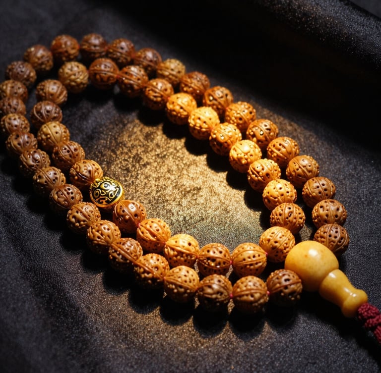Extreme close-up of a high-altitude 108-bead Rudraksha mala resting on rich dark silk, illuminated by a single dramatic golden light source casting deep shadows.