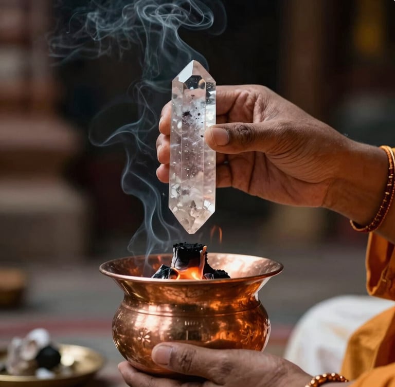 Close-up of hands of a Vedic priest holding a raw clear quartz crystal over a sacred copper vessel during a fire ritual, glowing embers and soft smoke in a dark temple setting