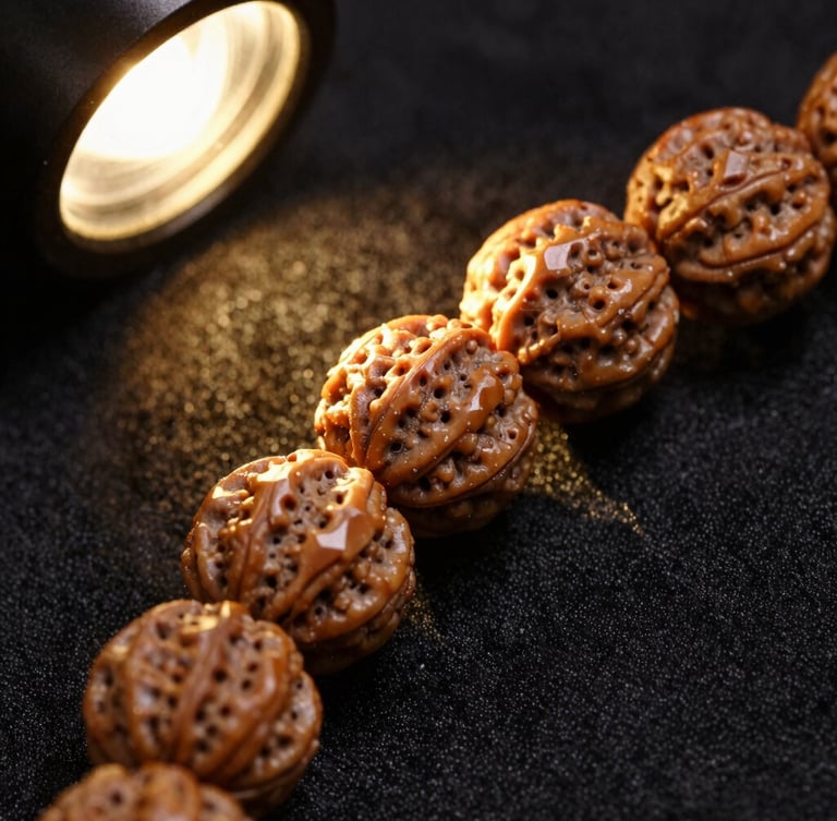 Extreme macro photograph of an authentic multi-faceted Rudraksha bead resting on dark black silk under a single dramatic gold spotlight, highlighting every deep natural crevice