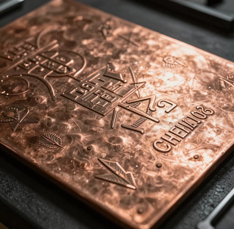 Portrait composition of a heavy copper plate being inspected, sharp focus on the precise millimeter-level metallic engravings, dramatic golden starlight illumination, dark background.