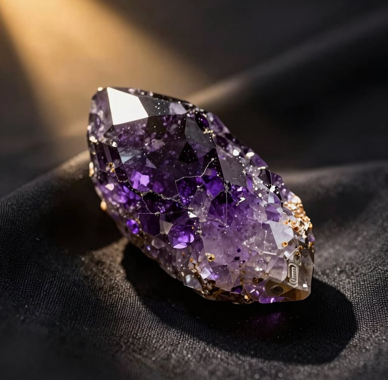 An extreme close-up of a raw deep violet amethyst crystal with intricate geometric inclusions, resting on dark black silk, lit by a single dramatic golden starlight beam from the side, casting deep shadows.