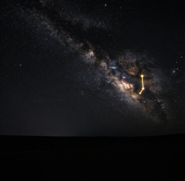 Wide panoramic deep charcoal void, a razor-sharp metallic gold constellation glowing softly to the right, high-contrast chiaroscuro lighting, deep shadows, macro detail.