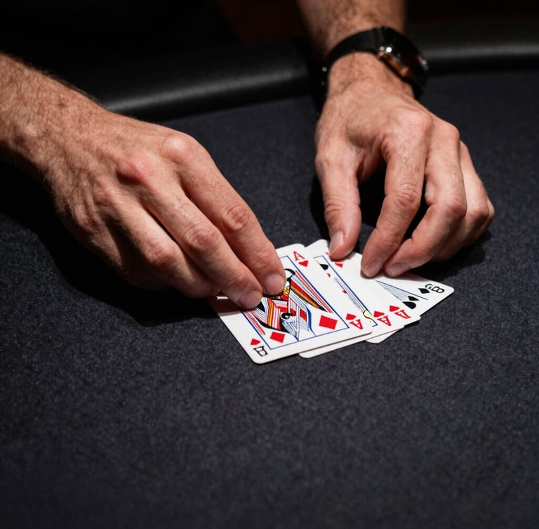 Close-up of professional hands dealing cards with absolute precision on a dark felt table, sharp focused spotlight, low-key lighting