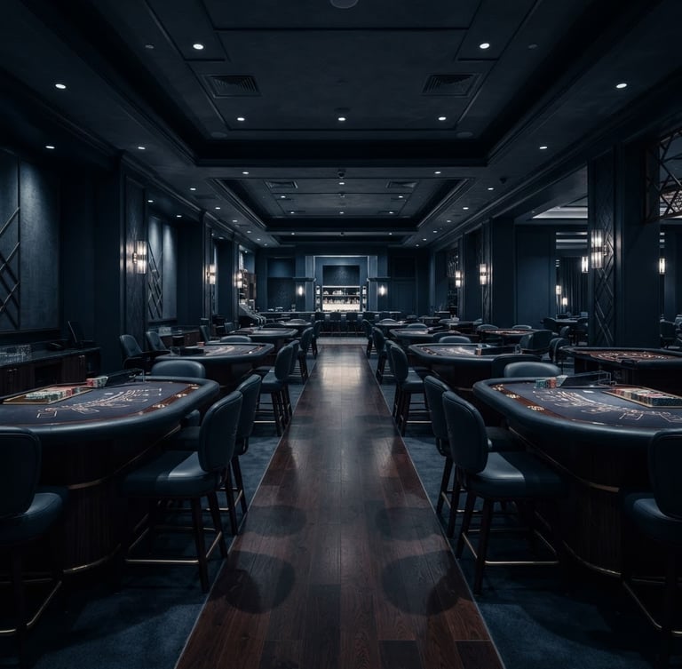 Symmetrical, empty high-end gaming floor on the right, dramatic low-key lighting, deep navy and slate tones, crisp focus, 50mm