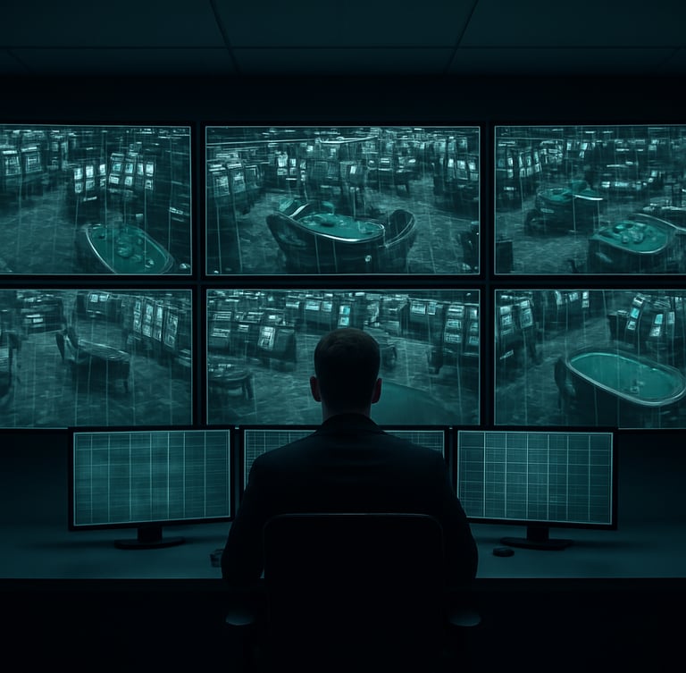 Symmetrical wide shot of a modern casino surveillance control room, clean monitors displaying abstract green and gray security grids, cool-toned ambient light, 50mm.