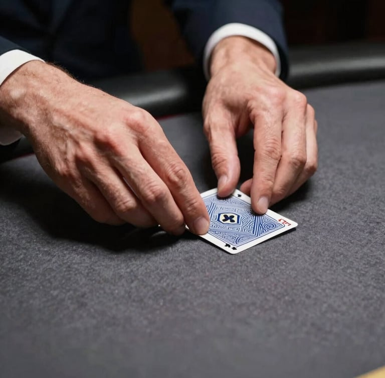 Tight macro shot of professional hands dealing cards with absolute precision on a slate gray felt table, sharp focused spotlight, low-key dramatic lighting, 50mm.