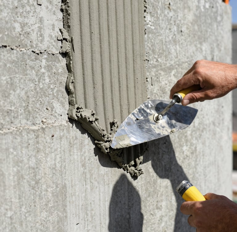 Close-up of a mason's hands using a notched steel trowel to spread ribbed gray mortar on a concrete wall, crisp ridges, bright direct daylight, high-contrast concrete texture, 35mm
