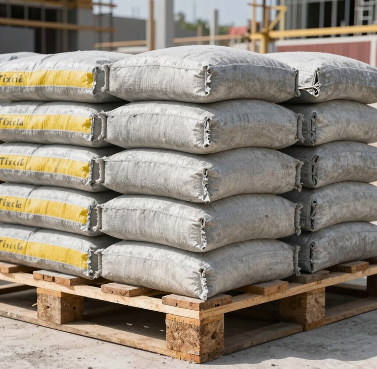 Low-angle industrial shot of Tixcola mortar bags stacked on a wooden pallet inside a bright construction site, direct sunlight, concrete textures