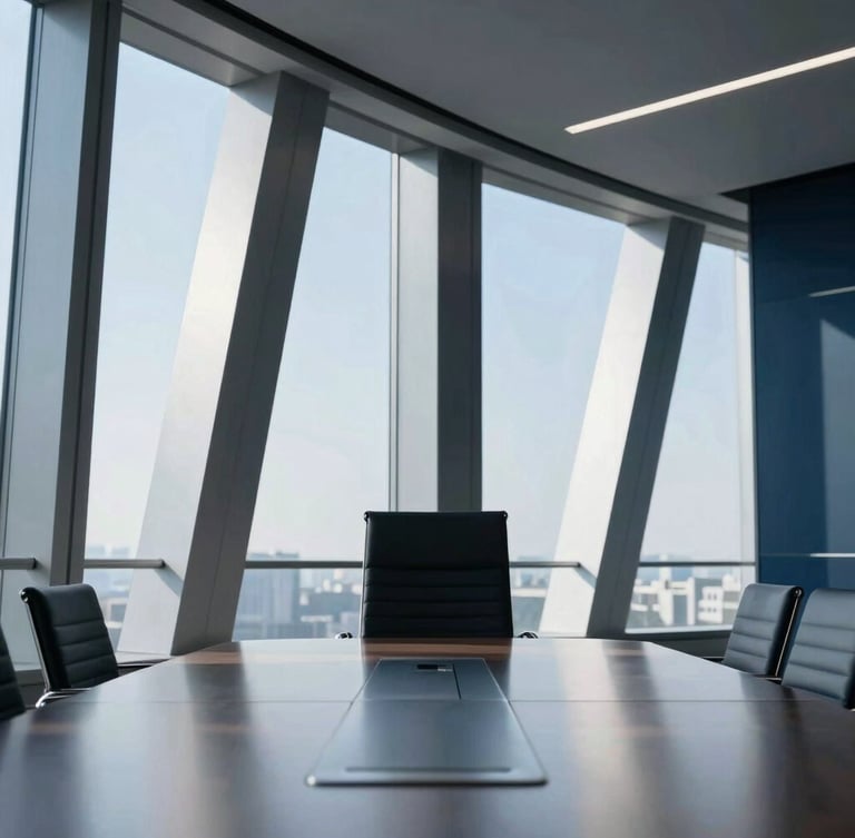 A high-end corporate boardroom with sharp geometric lines, crisp daylight streaming through large windows, cool silver and navy tones, an empty chair at a polished conference table, architectural framing.