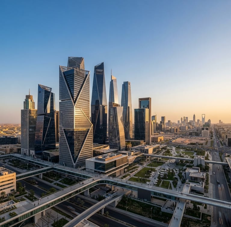 Wide panoramic view of modern Riyadh skyline at golden hour, focusing on the King Abdullah Financial District (KAFD) towers, sharp architectural lines, crisp daylight, cool navy and silver tones, architectural framing.