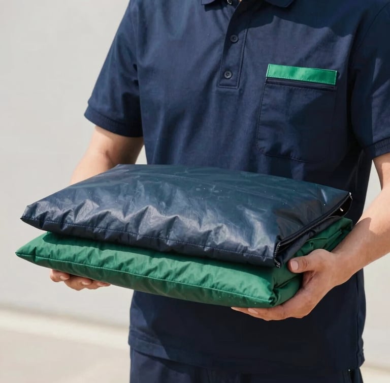 Elegant close-up of a professional courier in a clean navy uniform holding a perfectly pressed garment in a protective garment bag, bright daylight, 35mm