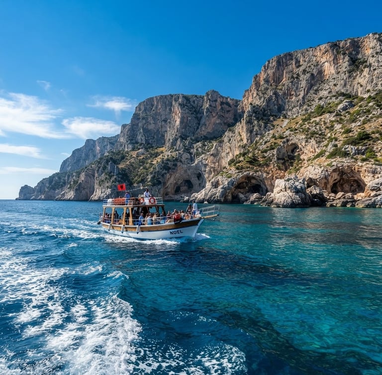 Wide shot of the Noel boat approaching the dramatic cliffs of Sazan Island, turquoise water, bright Mediterranean sunlight, deep blue sky