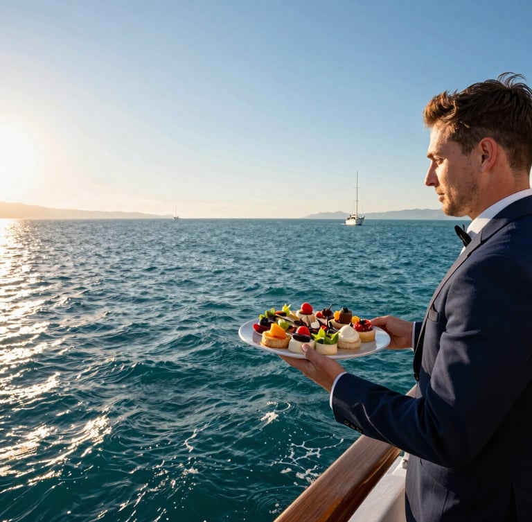 Candid shot of a server presenting a tray of elegant appetizers on The Noel boat deck, with the sun setting over the Adriatic-Ionian confluence in the background, vibrant maritime photography, deep turquoise and navy tones.
