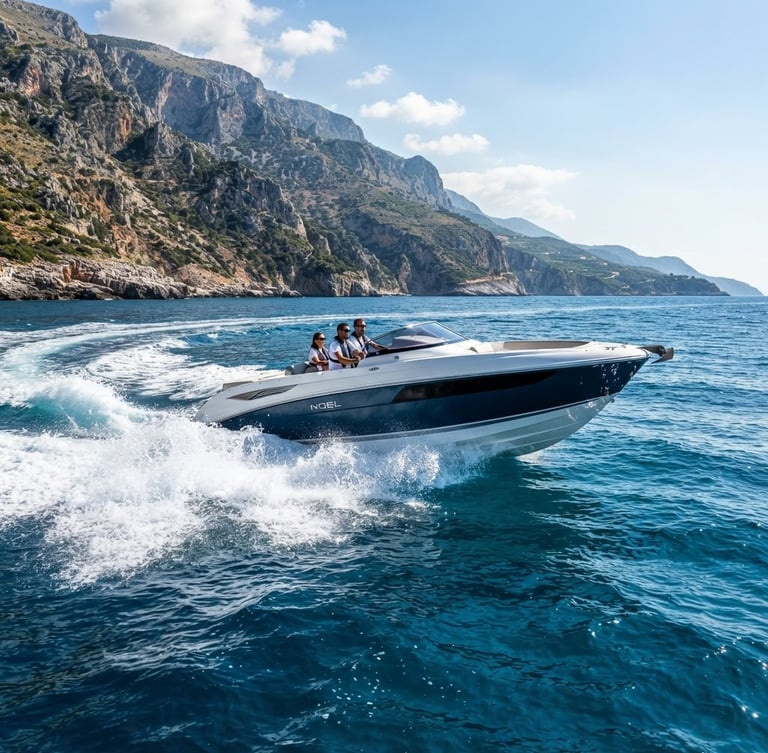 Noel speedboat cutting through deep blue water, spray off the bow, dramatic Karaburun cliffs in the background, bright Mediterranean sunlight, wide-angle lens, low horizon, dynamic action shot.