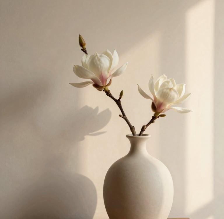 Close-up of a sculptural ceramic vase holding a single Japanese magnolia branch, soft shadows on a warm plaster wall, elegant minimalist composition