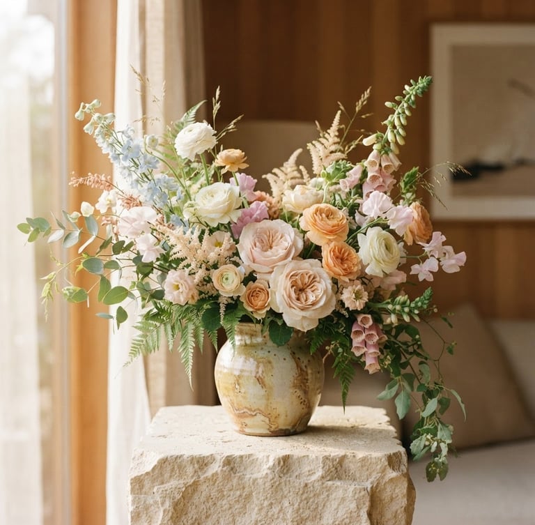 A sculptural floral arrangement in a ceramic vase on a sand-colored stone pedestal, soft morning window light, warm editorial photography, shallow depth of field