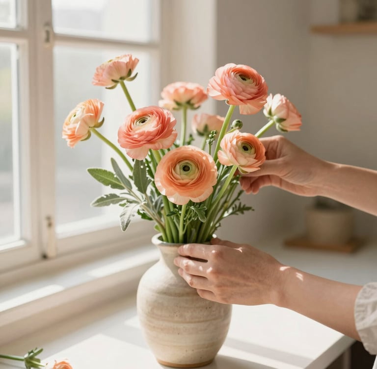 Florist hands arranging delicate peach ranunculus and sage stems in a ceramic vase, sunlit Al Faseel studio background, warm editorial