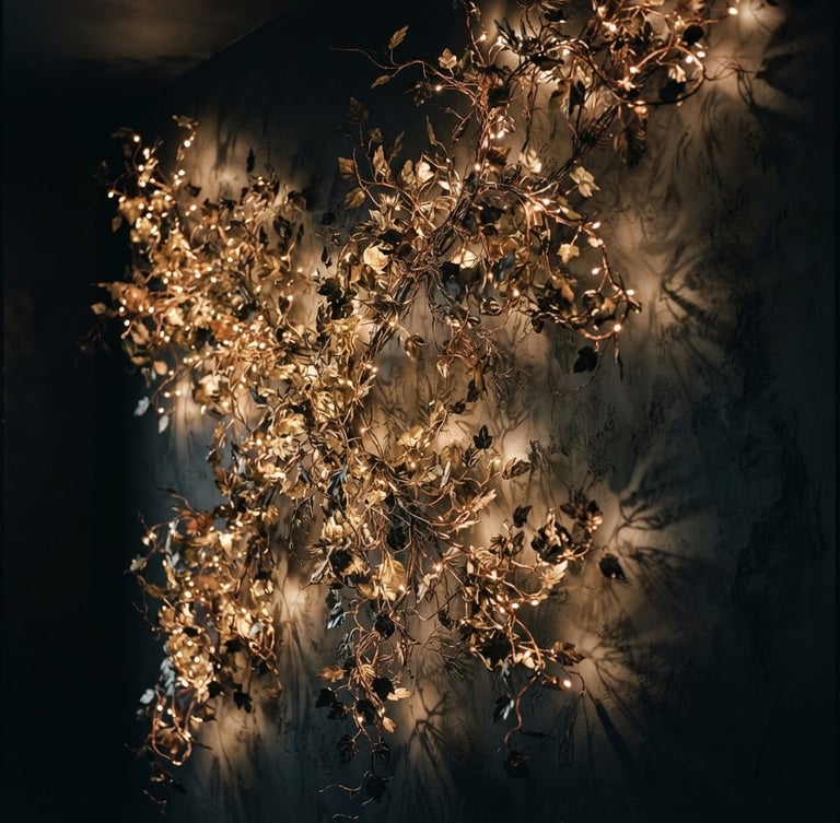 Moody editorial photograph of a large-scale illuminated ivy sculpture mounted on a dark plaster wall in a minimalist residence, warm golden micro-LEDs casting intricate organic shadows, low-key lighting, rich botanical textures, 35mm film.