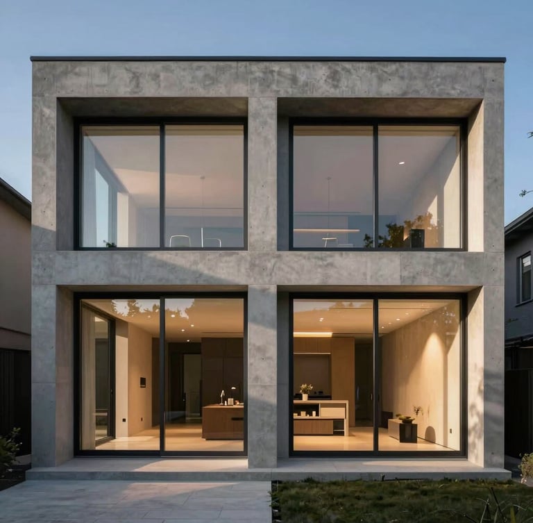 Symmetrical architectural shot of a modern concrete and glass home exterior at dusk, warm interior lights casting clean geometric shadows, 35mm photography