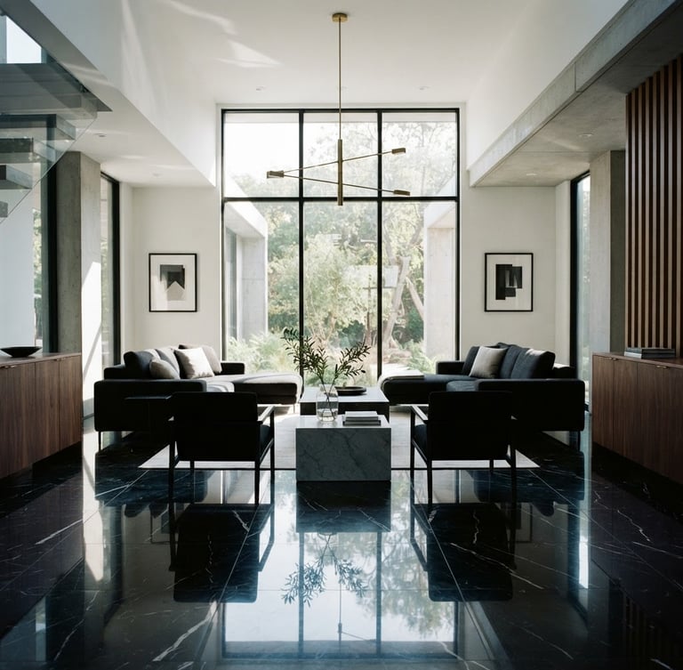 Symmetrical modern living room with sharp reflections on polished dark marble floors, dramatic natural window light casting clean shadows, crisp architectural lines, 35mm photography