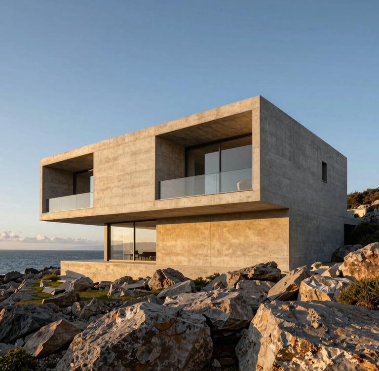 Portrait architectural photograph of a modern concrete villa, sharp lines, integrated into a rugged coastline, golden hour lighting, emphasizing the structure's relationship with the natural environment.