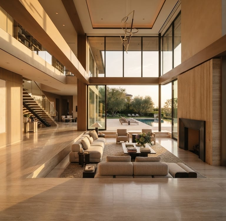 Wide-angle interior view of a modern luxury estate, honed marble floors, high ceilings, structural lines emphasized by crisp daylight, warm champagne tones, deep shadows, editorial style.