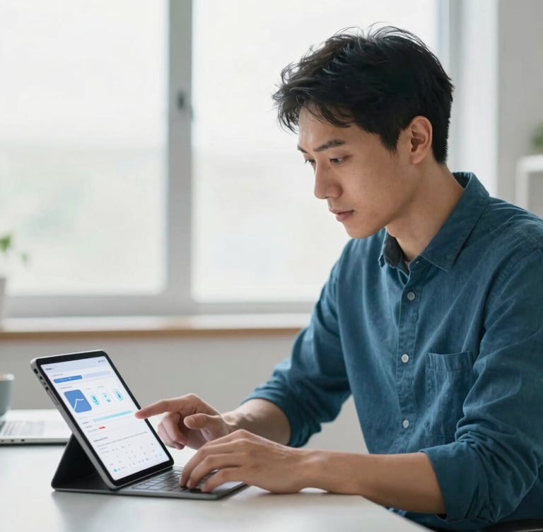 Candid, professional portrait of an investor in a calm, natural-light workspace, looking at a clean digital interface on a modern tablet, 35mm