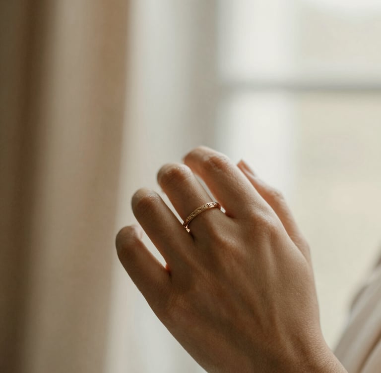 Close-up of a bride's hand wearing an intricate champagne-gold plated bridal ring set, soft diffused window light, muted cream and champagne tones, shallow depth of field, 35mm