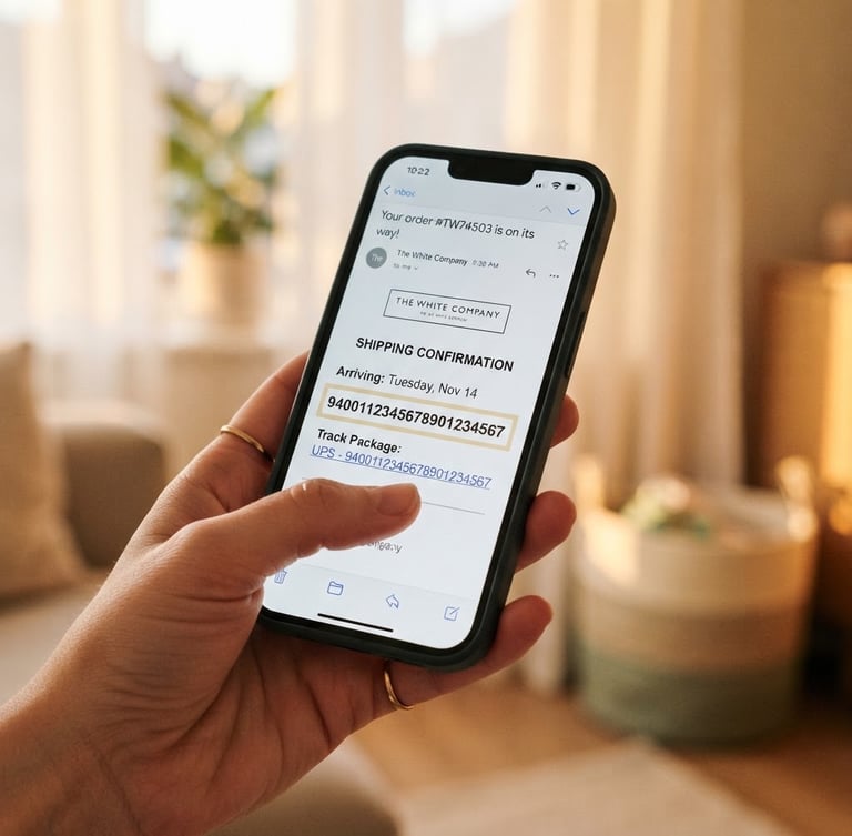 Close-up of a hand holding a smartphone displaying a shipping confirmation email with a tracking number highlighted, soft golden-hour window light, muted cream and champagne tones, shallow depth of field, 35mm