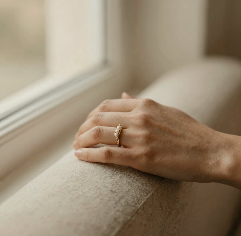Close-up of a woman's hand wearing an elegant gold-plated bridal ring with subtle pearl accents, resting on soft beige linen, warm window light, shallow depth of field, muted cream and champagne tones, 35mm