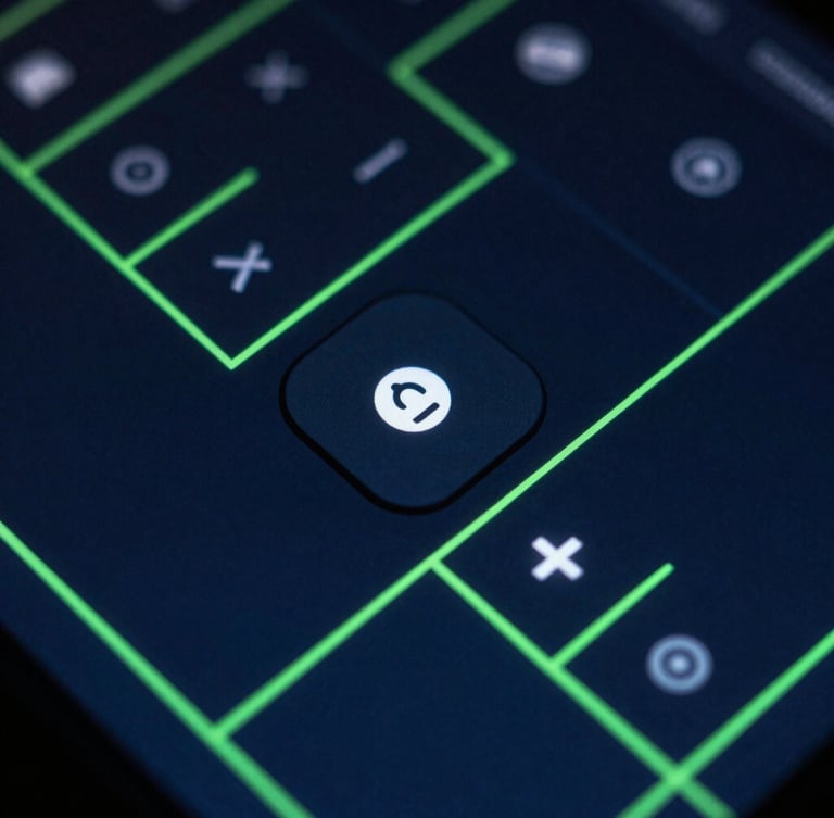 Macro close-up of a dark-mode UI design system, showing crisp button components and clean layout grids glowing in neon green and deep blue light, 35mm.