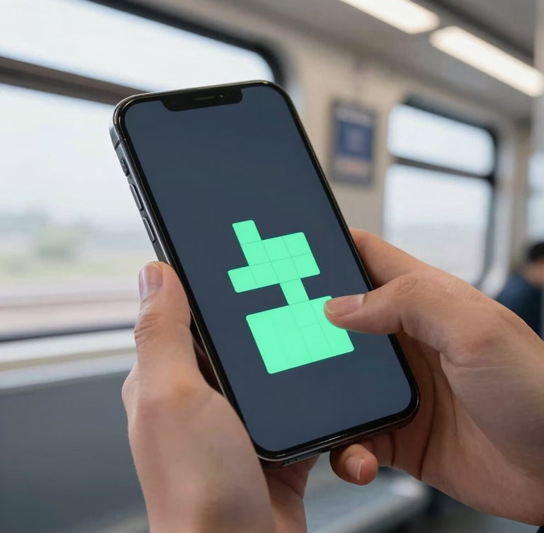 An angled close-up of hands holding a phone playing a minimalist neon puzzle game on a subway train, natural overcast light filtering through windows