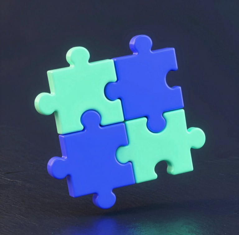 Vibrant 3D digital render of glowing neon puzzle blocks floating on a deep slate background, crisp digital studio lighting, electric indigo accents