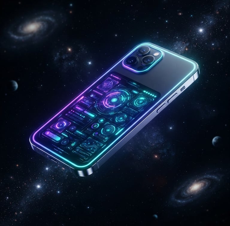 Sleek 3D render of a high-fidelity Android smartphone mockup floating in deep space, vibrant electric indigo and cyber teal neon glow, macro screen details, sharp studio lighting