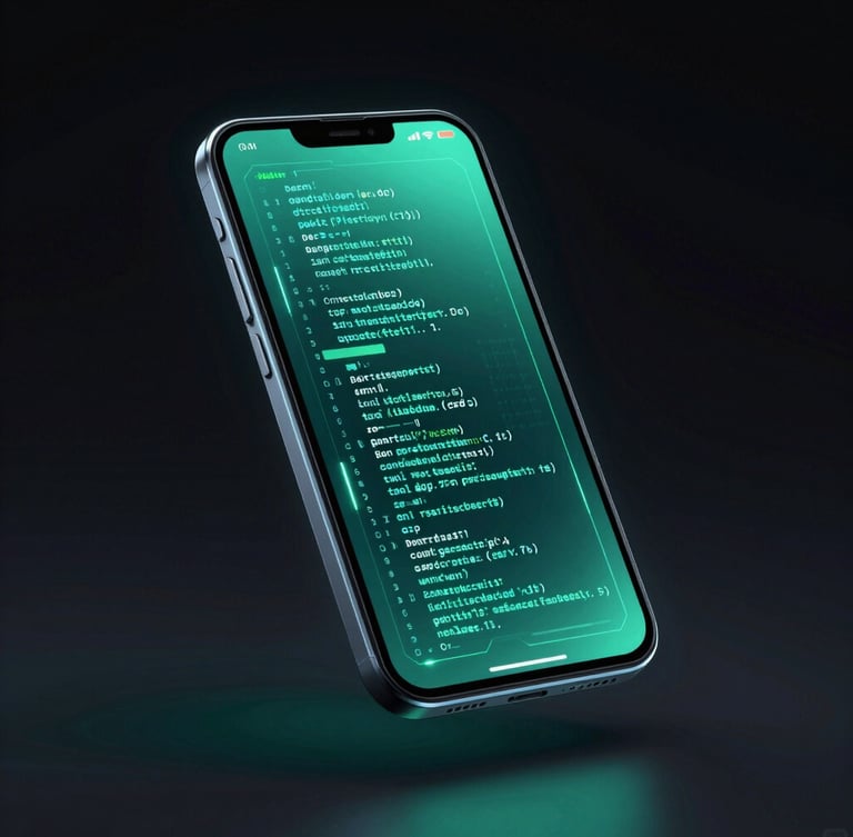 Sleek 3D render of a high-fidelity Android device mockup floating in dark space, glowing cyber teal screen showing complex code structure, ambient neon backlighting, isometric perspective, sharp studio lighting
