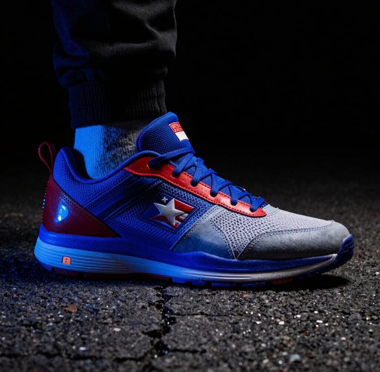 Low-angle heroic shot of a patriotic athletic shoe stepping onto cracked asphalt, dramatic rim lighting, vibrant royal blue gel highlights, sharp focus.