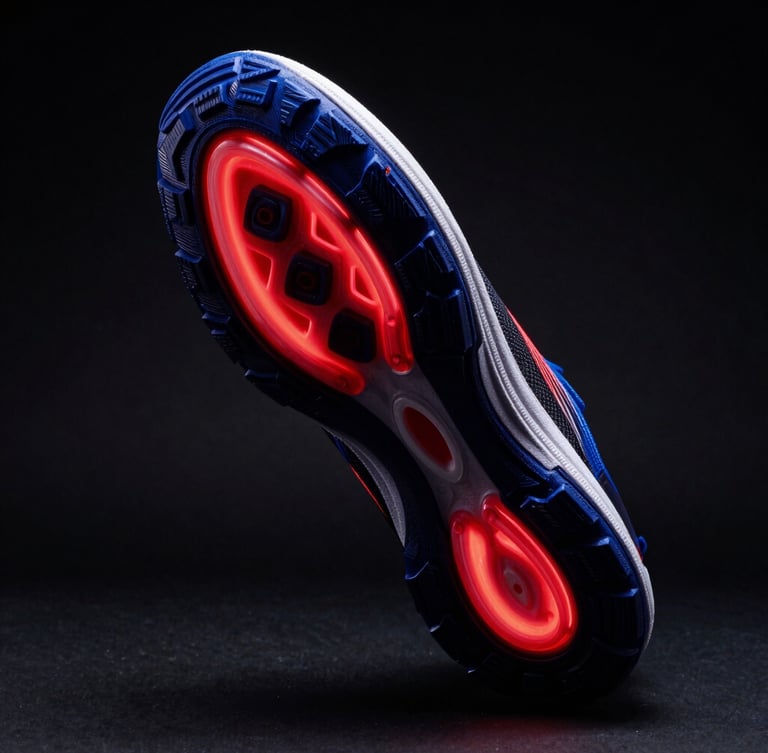 Dramatic studio product photography of a high-performance athletic shoe with heavy-duty tread, high-contrast rim lighting, vivid red gel highlights on a deep black background.