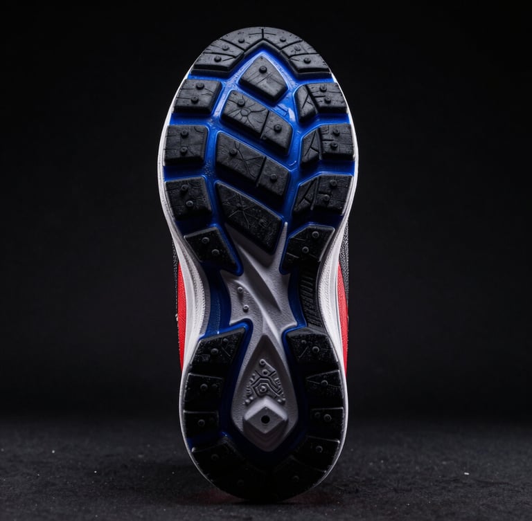 Low-angle dramatic studio shot of athletic shoe tread, high-contrast rim lighting, deep black background with royal blue gel highlights, sharp 85mm focus.